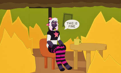 anthro bottomwear bovid_horn caprine_horn chair clothing collar container cup eyewear femboy fire furniture glasses hooves horn legwear male mug nub_tail ram_horn shorts smoke solo table text thigh_highs topwear sillyram this_is_fine bovid caprine mammal sheep absurd_res hi_res