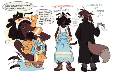 anthro black_coded boots cigarette clothing coat dialogue dreadlocks duo eyewear female flower footwear gloves goggles hair handwear lgbt_pride overalls plant ponytail pride_colors shirt shoes short_hair simple_background smoking speech_bubble tank_top text topwear transgender_pride_colors trenchcoat white_background fourleafisland charlie_(fourleafisland) pepper_(fourleafisland) canid canine canis domestic_dog fox mammal red_fox true_fox absurd_res english_text hi_res model_sheet trans_(lore) trans_woman_(lore)