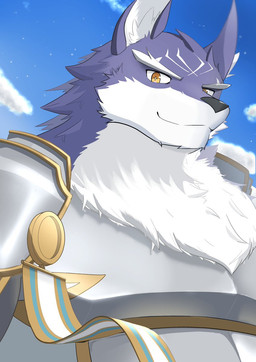 anthro armor breastplate clothed clothed_anthro clothed_male clothing eyebrows fur male multicolored_body multicolored_fur pauldron purple_body purple_fur solo thick_eyebrows two_tone_body two_tone_fur white_body white_eyebrows white_fur dairoku_no6 knights_college bayfleet_grayoar canid canine canis mammal wolf 2025 colored