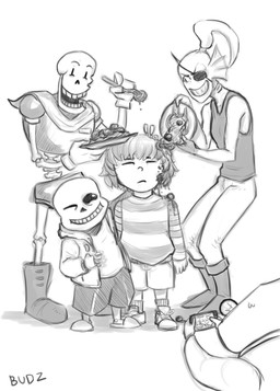 ambiguous_gender armor bone clothing cutlery electronics eye_patch eyes_closed eyewear female food fork frown glasses gloves group hair handwear kitchen_utensils male meatball one_eye_closed pasta phone plate sharp_teeth skeleton smile spaghetti teeth tools wink logmore undertale undertale_(series) alphys frisk_(undertale) papyrus_(undertale) sans_(undertale) undyne animated_skeleton aquatic fish human mammal scalie undead 2015 black_and_white monochrome