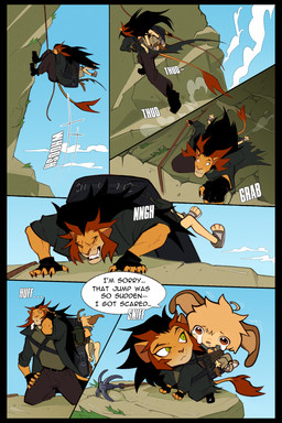 anthro backpack black_border bodily_fluids border bound chibi claws climbing clothing coat dialogue duo fingerless_gloves gloves grappling_hook green_eyes grunting hair handwear jumping looking_at_another looking_at_object male mane mane_hair mountain side_view simple_background size_difference sky skyscape tail tears text topwear trenchcoat ksejl mello_(ksejl) rey_(ksejl) canid canine canis domestic_dog felid lion mammal pantherine 2:3 comic english_text full-length_portrait hi_res portrait