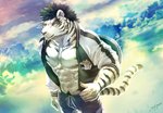 abs anthro bottomwear clothed clothing fur hair heterochromia jacket male muscular muscular_anthro muscular_male obliques open_clothing open_jacket open_shirt open_topwear pecs shirt shorts simple_background solo stripes swimwear topwear white_body white_fur sky_gomi felid mammal pantherine tiger