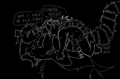 4_fingers 5_fingers aggressive ambiguous_gender anthro anthro_on_anthro arm_grab armpit_hair big_tail black_background bodily_fluids body_hair breasts chest_markings claws clothing dialogue digitigrade dildo drooling duo erection featureless_breasts fingers flat_chested floppy_ears fluffy fluffy_tail fur genitals grin hair half-closed_eyes hand_on_face hand_on_leg hand_on_thigh hat hat_only headgear headgear_only headwear headwear_only humor hunched_over imminent_sex impending_penetration leg_over_shoulder looking_at_another lying lying_on_ground markings messy_fur mostly_nude narrowed_eyes noseless nude nude_anthro on_back on_ground pinned pubes pushing_away questionable_consent raised_leg ribbed_dildo ribs saliva sex_toy sharp_fangs sharp_teeth simple_background smile speech_bubble spread_legs spreading strapon stripes tail talking_to_another talking_to_partner tears teeth text top_hat unusual_anatomy unusual_genitalia white_line_art trotbug moxie_(trotbug) toby_(trotbug) ambiguous_species hybrid mammal 2025 black_and_white colored_line_art digital_drawing_(artwork) digital_media_(artwork) english_text line_art monochrome signature sketch watermark