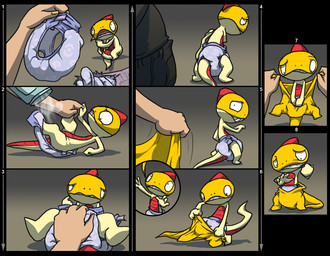 anthro baby_powder biped clean_diaper clothed clothing diaper diaper_change duo embarrassed red_body simple_background size_difference solo_focus yellow_body crackajackin nintendo pokemon generation_5_pokemon human mammal pokemon_(species) scraggy 2010 comic digital_media_(artwork)