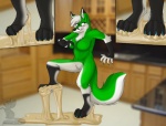 4_toes anthro breasts claws feet female fur glue green_body green_fur hair paws raised_leg solo stuck stuck_feet surprise tail toes white_hair fox_fury absinthy canid canine fox mammal 2013