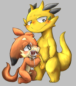 anthro anthro_on_anthro balls blush bodily_fluids cum cum_in_mouth cum_inside cum_on_face duo fellatio genital_fluids genitals humanoid_genitalia humanoid_penis male male/male one_eye_closed open_mouth oral penile penis sex shota simple_background young young_anthro doneru canid canine mammal scalie 2015 censored mosaic_censorship