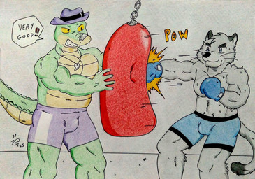 adolescent age_difference anthro barazoku belly black_nose blue_bottomwear blue_clothing blue_eyes blue_shorts bodily_fluids bottomwear boxing boxing_gloves boxing_shorts cat_tail clothing dialogue fedora fur good_parenting green_body grey_body grey_fur handwear hat headgear headwear jewelry male motion_lines musclegut muscular muscular_anthro muscular_arms muscular_male older_male onomatopoeia pecs pendant punch punching_bag purple_bottomwear purple_clothing purple_hat purple_headwear purple_shorts shorts sound_effects speech_bubble sport sweat sweatdrop tail text thick_tail training yellow_sclera young younger_male dashthefox brok_the_investigator cowcat_games brok_(brok_the_investigator) graff_filsh alligator alligatorid crocodilian domestic_cat felid feline felis mammal reptile scalie 2025 english_text hi_res traditional_media_(artwork) stepfather_(lore) stepparent_(lore) stepson_(lore)