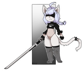 accessory adolescent anthro biped black_clothing black_gloves black_handwear black_topwear blindfold blue_hair bottomwear braided_hair braided_ponytail cleavage_cutout clothing cosplay costume crossover_cosplay cutout female fur furgonomics gloves hair handwear holding_melee_weapon holding_object holding_sword holding_weapon legwear leotard melee_weapon ponytail simple_background solo standing stockings sword tail tail_accessory topwear weapon white_body white_fur young na-nu-na-12 cyberconnect2 fuga:_melodies_of_steel little_tail_bronx nier_automata platinumgames sheena_falafel yorha_2b domestic_cat felid feline felineko felis mammal russian_blue crossover hi_res