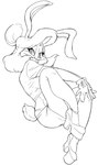 anthro bottomwear breasts buckteeth clothed clothing crop_top female footwear gloves hair handwear high_heels shirt shoes skirt solo teeth thong topwear underwear loodles looney_tunes warner_brothers bugs_bunny lagomorph leporid mammal rabbit hi_res monochrome