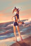 2021 4_toes anthro barefoot beach braided_hair brown_eyes butt_pose canid canine day detailed_background digital_media_(artwork) eyebrows eyelashes feet fox girly hair hi_res hihikori male mammal outside pawpads paws pink_pawpads plantigrade pose seaside shoreline sky soles solo toes water