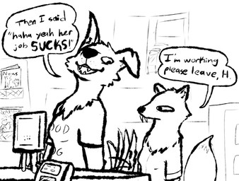 anthro duo female houndrea puzzlevision text working vivigator arctic_fox canid canine canis cryptid domestic_dog fox mammal true_fox vampire english_text hi_res monochrome