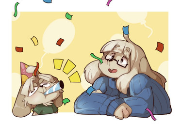 ahoge anthro arm_support balloon bangs birthday black_eyes blowing_horn blue_clothing blue_sweater blue_topwear blush border cheek_tuft clothing confetti duo emanata eyebrow_through_hair eyebrows eyewear facial_hair facial_tuft female floppy_ears fur glasses goatee green_clothing green_shirt green_topwear hair hat headgear headwear inflatable leaning_on_elbow male open_mouth party_hat pink_clothing pink_hat pink_headwear shirt simple_background size_difference slightly_chubby slightly_chubby_female smaller_male snout sweater tan_body tan_fur tan_hair topwear translucent translucent_hair tuft white_border yellow_background kappadoggo kappadoggo_(character) sophie_(kappadoggo) canid canine canis domestic_dog mammal 2020