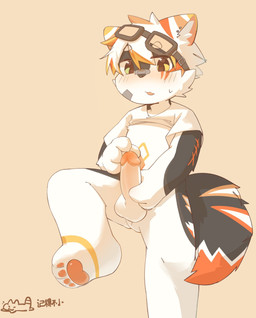 anthro balls bent_leg big_penis black_body black_fur blush bottomless clothed clothing ear_piercing erection fur genitals hair heterochromia holding_own_penis holding_penis humanoid_genitalia humanoid_penis kemono male markings multicolored_body multicolored_fur multicolored_hair open_mouth orange_markings pawpads paws penis piercing pink_pawpads raised_clothing raised_shirt raised_topwear shirt short_hair simple_background sitting solo spread_legs spreading tail topwear white_body white_clothing white_fur white_shirt white_topwear yellow_markings young young_male jidebuxiao canid canine mammal colored digital_drawing_(artwork) digital_media_(artwork) hi_res shaded