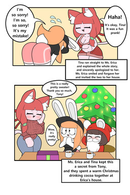 anthro apology beard bent_over beverage black_clothing black_hat black_headwear black_shirt black_topwear bodily_fluids bottomwear bow_ribbon breasts brown_hair butt candy chocolate christmas_clothing christmas_decorations christmas_headwear christmas_present christmas_tree cleavage clothed clothing costume dessert dialogue eyelashes facial_hair female food furniture gift group hair hat headgear headwear holidays hot_chocolate inner_ear_fluff orange_hair pink_bottomwear pink_clothing pink_shorts plant ponytail red_clothing red_hair red_robe red_sweater red_topwear robe santa_costume santa_hat shirt short_tail shorts speech_bubble sweat sweatdrop sweater table tail text toony topwear tree trio tuft white_beard white_facial_hair white_inner_ear_fluff tonytoran christmas erica_(tonytoran) tina_(tonytoran) tony_(tonytoran) chinchilla chinchillid domestic_cat felid feline felis lagomorph leporid mammal rabbit rodent 2:3 comic english_text hi_res