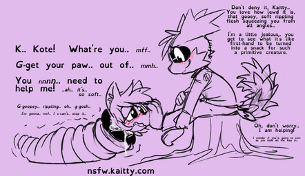 ambiguous_gender anthro blush bodily_fluids command dialogue feet feet_first feral foot_fetish foot_on_face foot_play forced fur group hindpaw interrupted_by_reaction interrupted_speech name_drop name_in_dialogue partially_inside paws reassuring saliva stuttering text trio vore vowelless vowelless_vocalization kaittycat nintendo pokemon fan_character kaitty kotetsu_redwood generation_3_pokemon monster pokemon_(species) zigzagoon english_text