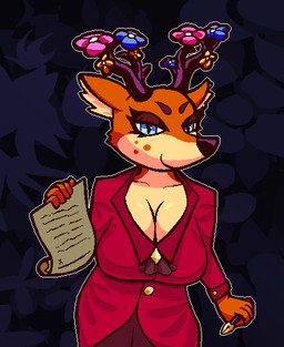 anthro antlers big_breasts blue_eyes breasts brown_body circle_eyebrows cleavage clothed clothing contract eyebrows eyelashes female flower fountain_pen freckled_face freckles gold_(metal) holding_object horn makeup mascara multicolored_body pattern_background plant pupils red_clothing simple_background slit_pupils smile smiling_at_viewer solo suit two_tone_body mrtea atomicrops deervil_(atomicrops) deer elemental_creature flora_fauna mammal digital_media_(artwork) pixel_(artwork)
