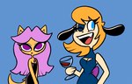 anthro cleavage_cutout clothing container cup cutout dress drinking_glass duo female glass glass_container glass_cup hair looking_at_viewer one_eye_closed pink_hair purple_eyes smile standing wine_glass wink yellow_body idytwisted nickelodeon t.u.f.f._puppy daisy_(t.u.f.f._puppy) canid canine canis domestic_cat domestic_dog felid feline felis mammal colored half-length_portrait hi_res portrait