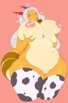 anthro areola big_breasts blush bodily_fluids breasts clothing female genital_fluids genitals hair horn huge_breasts lactating legwear mature_anthro mature_female milk nipples pussy red_horn simple_background solo stockings thick_thighs yellow_body harnny mythology aisyah_zaskia_harnny dragon mythological_creature mythological_scalie scalie hi_res