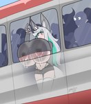 ambiguous_gender areola big_breasts blush blush_lines bodily_fluids bottomwear breasts clothing crossed_legs female green_eyes green_hair grey_hair group hair horn huge_breasts lactating looking_ahead looking_out_window midriff multicolored_hair navel nipples public_transportation shirt shorts slim standing tail text topwear train translucent vehicle wide_eyed wide_hips zedrin fuyumi_(zedrin) ambiguous_species animal_humanoid canid canid_humanoid canine canine_humanoid fox_humanoid horned_humanoid human humanoid mammal mammal_humanoid 2024 hi_res signature