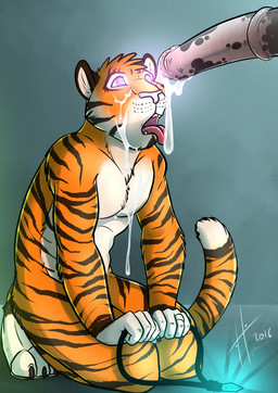 anthro black_claws bodily_fluids claws cum cum_on_chest cum_on_face disembodied_penis duo facial_markings fangs fur genital_fluids genitals head_markings head_tuft holding_jewelry holding_necklace holding_object hypnosis jewelry kneeling male male/male male_anthro markings mind_control necklace nude open_mouth orange_body orange_fur penis pink_nose purple_eyes red_tongue simple_background solo_focus striped_arms striped_body striped_face striped_fur striped_legs striped_markings striped_tail stripes tail tail_markings teeth tongue tongue_out tuft white_body white_fur hufnaar hufnaar_(character) felid mammal pantherine tiger 2016 dated hi_res signature