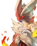 anthro beak black_body black_fur blue_eyes claws fire fur hair horn looking_at_viewer male multicolored_body red_body red_fur simple_background solo white_background white_body white_fur white_hair zuekrz nintendo pokemon avian bird generation_6_pokemon mega_blaziken mega_evolution pokemon_(species) 4:5 hi_res