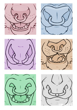ambiguous_gender anthro barbell_piercing circular_barbell_piercing close-up color_partitioning face_closeup face_focus facial_piercing horn mouth_shot nose_piercing nose_ring open_mouth open_smile piercing ring_piercing septum_circular_barbell septum_piercing septum_ring smile snout solo teeth text tongue skaifox alligator alligatorid bovid bovine canid canine canis cattle crocodilian equid equine felid horse mammal pantherine reptile rhinoceros scalie tiger wolf 2024 english_text hi_res multiple_images