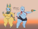 anthro belly belly_overhang big_belly big_breasts bodysuit bottomwear breasts clothing convenient_censorship crossgender dialogue female multiple_poses navel overweight overweight_anthro overweight_female pose ranged_weapon raygun short_stack skinsuit slightly_chubby slightly_chubby_anthro slightly_chubby_female solo spacesuit spats tail thick_thighs tight_clothing towel towel_around_neck under_boob united_states_of_america weapon wide_hips yellow_bodysuit yellow_clothing yellow_skinsuit noirebun asian_mythology east_asian_mythology japanese_mythology level-5 mythology yo-kai_watch usapyon_(yo-kai_watch) mammal mustelid otter spirit yokai hi_res
