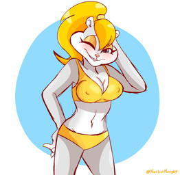 anthro big_breasts bikini blonde_hair breasts clothing female gold_bikini gold_eyeshadow grey_body hair looking_at_viewer navel nipple_outline one_eye_closed solo swimwear two-piece_swimsuit wink winking_at_viewer missnatzooie conker's_bad_fur_day golden_week rareware berri chipmunk ground_squirrel mammal rodent sciurid absurd_res hi_res