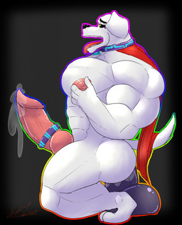 accessory animal_genitalia animal_penis anthro big_penis black_sclera bodily_fluids canine_genitalia canine_penis cape clothing cock_ring collar corruption dildo dildo_sitting dripping erection fur genital_fluids genitals hypnosis jewelry male mind_control muscular muscular_male open_mouth penetration penis penis_accessory penis_jewelry precum precum_drip sex_toy solo tongue tongue_out vein veiny_penis white_body white_fur yellow_eyes rikuoxas dc_comics krypto canid canine canis domestic_dog mammal hi_res