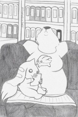 ambiguous_gender anthro binders black_body black_fur black_nose book bookshelf clothing duo electronics female fur fur_markings furniture graphite head_wings inside long_ears markings membrane_(anatomy) membranous_wings on_sofa phone phone_charm shirt sitting sitting_on_furniture sitting_on_sofa slightly_chubby smile sofa tail topwear unusual_wing_placement white_body white_fur wings lunarpanda8686 bandai_namco digimon nintendo pokemon mika_(lunarpanda8686) avian bear bird digimon_(species) generation_3_pokemon giant_panda lagomorph mammal patamon pokemon_(species) terriermon torchic ursine hi_res monochrome sketch traditional_media_(artwork)