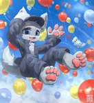 4_fingers 4_toes anthro balloon black_nose blue_eyes cheek_tuft circle_eyebrows clothing cloud cute_fangs duo eyebrows facial_tuft fangs feet fingers fur glistening glistening_eyes grey_body grey_fur grey_inner_ear grey_inner_ear_fluff grey_tail hand_on_head hat headgear headwear holding_clothing holding_hat holding_headgear holding_headwear holding_object inflatable inner_ear_fluff kemono male midair narrowed_eyes open_mouth pawpads pink_mouth pink_pawpads solo_focus tail teeth thin_eyebrows toes triangle_nose tuft white_body white_eyebrows white_fur young young_anthro young_male arcadius0505 canid canine fox mammal 2021 absurd_res digital_media_(artwork) digital_painting_(artwork) hi_res