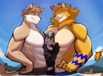 anthro beach blush bodily_fluids canid canine canis clothing coyote dexterlion felid group hi_res lion male male/male mammal manwiched muscular muscular_male one_eye_closed pantherine procyonid raccoon rygel_(rygel_spkb) rygel_spkb seaside shirt size_difference smaller_male smug sweat tank_top tongue tongue_out topwear toxey_clawwolf trio