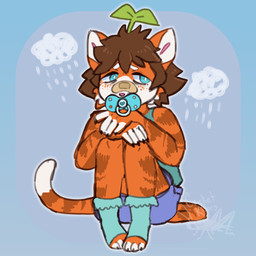 anthro bandage blue_eyes bodily_fluids bottomwear brown_hair clothed clothing footwear freckles fur hair hands_on_legs looking_away male orange_body orange_fur pacifier pupils sad shorts sitting slim small_eyebrows small_nose socks solo sprout_(plant) tears toeless_footwear white_pupils young freshly_uprooted domestic_cat felid feline felis mammal 1:1 hi_res