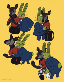 anthro anthro_on_anthro basic_sequence bottomless bow_tie clothed clothed_sex clothing collared_shirt duo eyewear female four_frame_image four_frame_sequence from_behind_position glasses interspecies male male/female pince-nez polo_shirt sex shirt stripes suit topwear unprofessional_behavior whiskers sweetbot catdog_(series) nickelodeon rancid_rabbit giraffid lagomorph leporid mammal okapi rabbit 2018 hi_res sequence