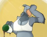 anthro beak beverage big_beak big_breasts breasts coffee coffee_mug curvy_figure eyes_closed feathers female grey_body grey_feathers groggy head_tuft mature_anthro mature_female midriff orange_beak simple_background slightly_chubby slightly_chubby_female solo spilled_drink spilling_drink tuft voluptuous voluptuous_anthro voluptuous_female waking_up winged_arms wings yellow_background seb_valenz sheila_(seb_valenz) avian bird pelecaniform shoebill half-length_portrait portrait