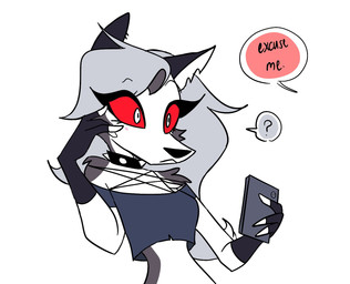 anthro blush cellphone clothing dialogue electronics female fingerless_gloves fur gloves grey_body grey_fur grey_hair hair handwear long_hair phone red_sclera smartphone solo speech_bubble text white_body white_eyes white_fur emositecc hellaverse helluva_boss mythology loona_(helluva_boss) canid canid_demon canine demon hellhound mammal mythological_canine mythological_creature colored english_text hi_res