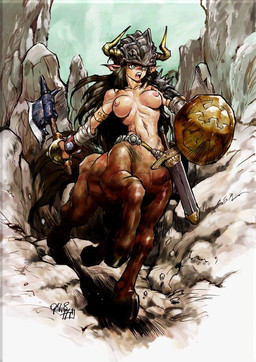 armor axe black_hair breasts female hair headgear helmet hooves humanoid_pointy_ears melee_weapon monster_girl_(genre) muscular muscular_female muscular_taur nipples nude pointy_ears quadruped shield solo sword tail warrior weapon kajiyama_hiroshi european_mythology greek_mythology mythology centaur equid equid_taur humanoid_taur mammal mammal_taur taur