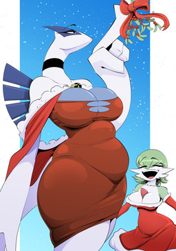 anthro anthrofied big_breasts biped breasts cleavage clothed clothing dress duo eyelashes female green_hair hair mistletoe open_mouth overweight overweight_anthro overweight_female plant pokemorph pupils red_clothing simple_background smile tail thick_thighs white_body vale-city nintendo pokemon gardevoir generation_2_pokemon generation_3_pokemon legendary_pokemon lugia pokemon_(species) 2026 absurd_res hi_res