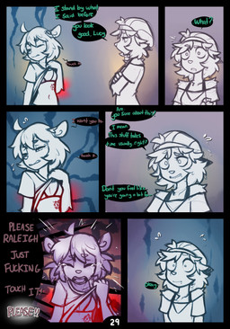 5_fingers abdominal_scar ahoge anthro bar_emanata bikini bikini_top biped bodily_fluids bottomwear breasts clothed clothed_anthro clothed_female clothing clothing_lift conjoined_speech_bubble dialogue duo emanata eyebrow_through_hair eyebrows eyes_closed facial_piercing female fingers flying_sweatdrops fully_clothed fully_clothed_anthro fully_clothed_female fur hair hat headgear headwear linked_speech_bubble lip_piercing looking_at_another name_in_dialogue open_mouth piercing profanity scar shirt shirt_lift speech_bubble sweat sweatdrop swimwear t-shirt tears teeth text tongue topwear translucent translucent_hair two-piece_swimsuit wide_eyed mewgle lucy_(mewgle) raleigh_(mewgle) deer gulonine mammal marten mustelid musteline 2025 comic digital_drawing_(artwork) digital_media_(artwork) english_text hi_res