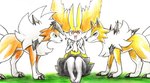 ambiguous_gender anthro blush blush_lines claws featureless_crotch feral fur green_eyes grey_body grey_fur group heart_symbol inner_ear_fluff open_mouth orange_body orange_eyes orange_fur paws tongue trio tuft white_body white_fur yellow_body yellow_fur eiroru nintendo pokemon braixen canid canine dusk_lycanroc generation_6_pokemon generation_7_pokemon lycanroc mammal pokemon_(species) 2024 graphite_(artwork) hi_res traditional_media_(artwork)