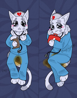 anthro blush bodily_fluids clothed clothing dakimakura female fur genital_fluids looking_at_viewer lying nurse_clothing on_back peeing simple_background solo tail uniform urine watersports white_body white_fur wywyrm animal_hospital roblox head_nurse_(animal_hospital) domestic_cat felid feline felis mammal dakimakura_design digital_media_(artwork) hi_res