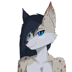 anthro bangs black_hair black_nose blue_eyes front_view hair light_body long_hair looking_at_viewer male male_anthro markings nude nude_anthro nude_male simple_background smile smiling_at_viewer solo spots spotted_markings tasteful_nudity white_background horacy hori_(horacy) canid canine canis felid feline hybrid lynx mammal wolf 1:1 absurd_res bust_portrait digital_drawing_(artwork) digital_media_(artwork) hi_res portrait shaded signature simple_shading