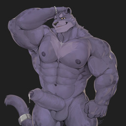 abs anthro balls barazoku big_muscles black_body black_fur bodily_fluids bracelet erection foreskin fur genital_fluids genitals hand_on_head huge_muscles humanoid_genitalia humanoid_penis jewelry male muscular obliques pecs penis precum solo bladetiger felid mammal pantherine 1:1 absurd_res character_request hi_res