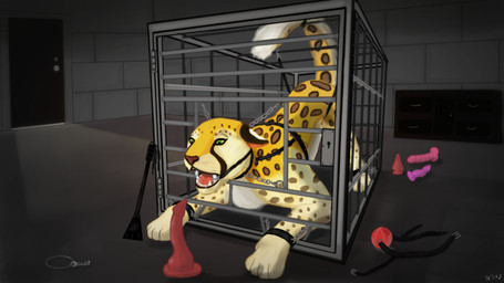 ball_gag bdsm cage caged chain collar dildo female feral fur gag harness key markings quadruped raised_tail riding_crop ring_gag sex_toy solo spots spotted_body spotted_fur tail whip tellico mia_(hotwert) cheetah felid feline mammal 16:9 2016 digital_drawing_(artwork) digital_media_(artwork) hi_res widescreen