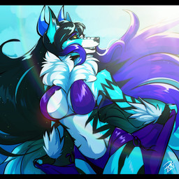 anthro beach big_breasts black_bars breasts clothing female hair long_hair solo sun swimwear punkcroc diana_(dragonphoenix790) canid canine canis domestic_dog fox mammal wolf 1:1 hi_res letterbox