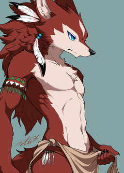 accessory anthro armband athletic athletic_anthro athletic_male black_nose blue_eyes bottomwear brown_body brown_fur brown_hair chest_tuft claws clothing countershade_face countershade_torso countershading facial_markings feather_in_hair forehead_markings fur hair hair_accessory head_markings inner_ear_fluff kemono loincloth long_hair loose_feather male markings multicolored_body multicolored_fur navel simple_background solo tribal tuft two_tone_body two_tone_fur white_body white_countershading white_fur netiel canid canine mammal 2026 half-length_portrait hi_res portrait