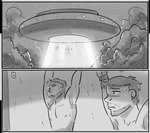 alien_abduction bdsm bodily_fluids bondage bound kidnapping male nipples nude sweat tractor_beam ufo zoba_(artist) human mammal black_and_white comic hi_res monochrome