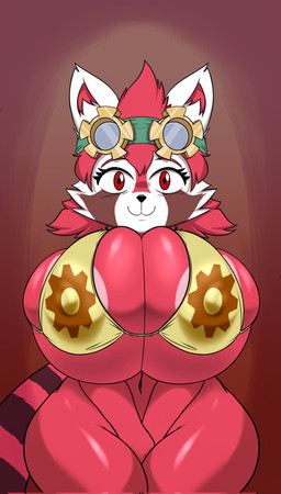 anthro areola big_breasts bra breasts clothing eyewear eyewear_on_head female fur goggles goggles_on_head hair huge_breasts navel red_body red_eyes red_fur red_hair small_waist solo tail thick_thighs underwear wide_hips seiiartworks gunfire_reborn nona_(gunfire_reborn) ailurid mammal red_panda hi_res