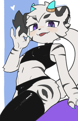 4_fingers anthro biped blue_horn blush bulge claws clothed clothed_anthro clothed_male clothing femboy finger_claws fingers front_view fur grey_stripes hair horn legwear looking_at_viewer male purple_eyes simple_background sitting smile solo striped_body striped_fur stripes tail teeth thigh_highs tongue tongue_out white_body white_fur white_hair white_tail kaltespur felid feline mammal 2025 digital_drawing_(artwork) digital_media_(artwork) hi_res