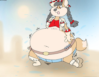 anthro belly big_belly black_hair bloated boots bottomwear breasts brown_eyes clothing crop_top dancing deep_navel female footwear fur gloves hair handwear hat headgear headwear inflation jacket liquid_inflation multicolored_body multicolored_fur navel open_mouth shirt shoes shorts solo tan_body tan_fur topwear two_tone_body two_tone_fur water water_inflation virus-20 june_coyote canid canine canis coyote mammal 2024 digital_media_(artwork) hi_res